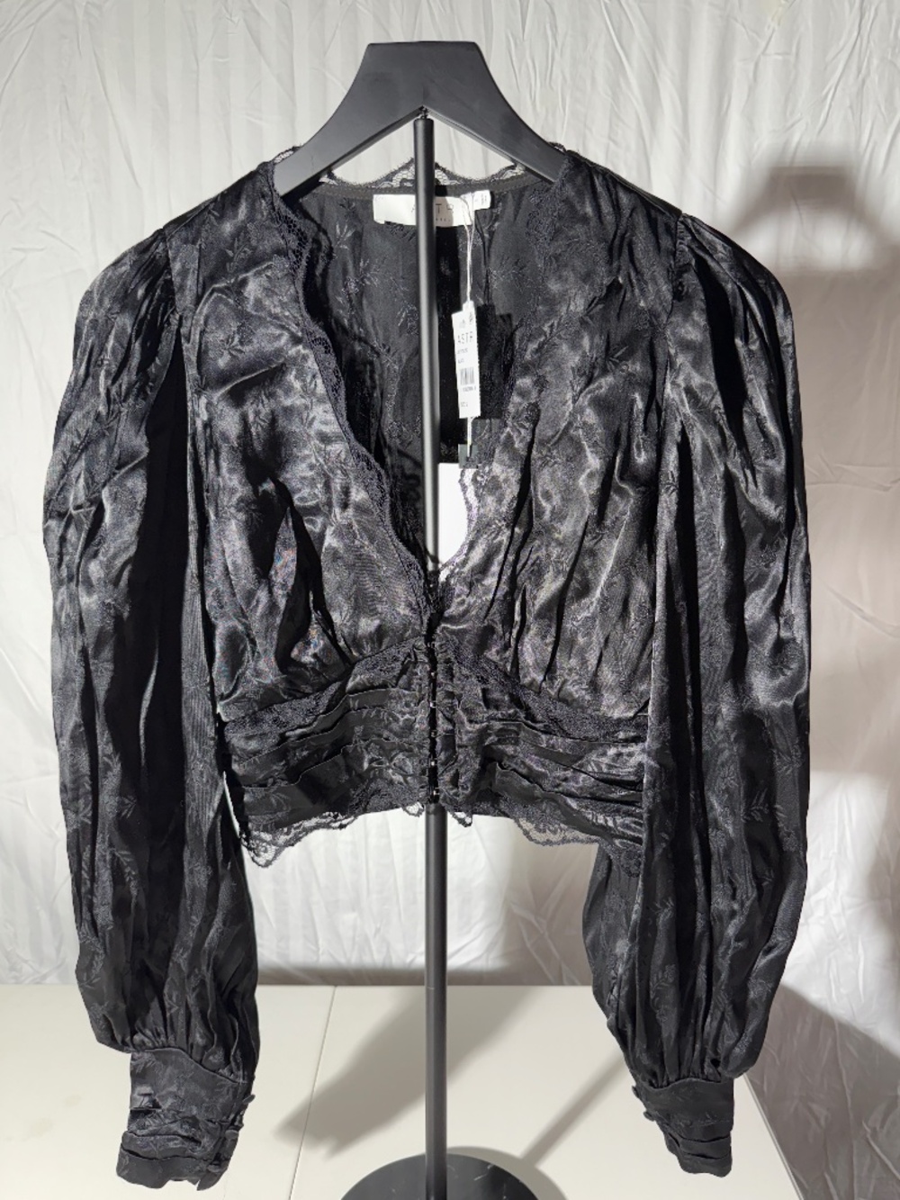 ASTR The Label Black Satin Jacquard Hook & Eye Crop Top NWT Size S